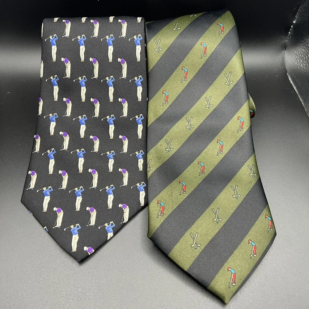 Mercedes & Lauren Ralph Lauren GOLF 100% Silk Neck Tie ~ Black Green ~ 2 Ties